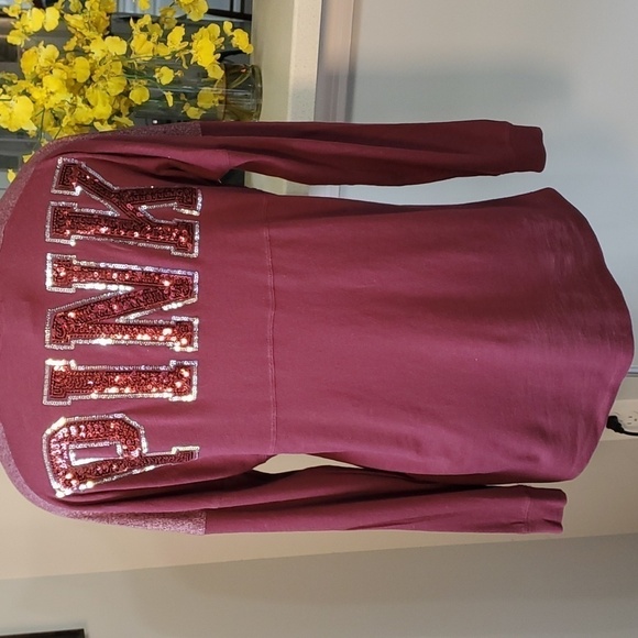 PINK VICTORIA SECRETS, long sleeves burgundy tee with sequins. Size small petite - Picture 6 of 8